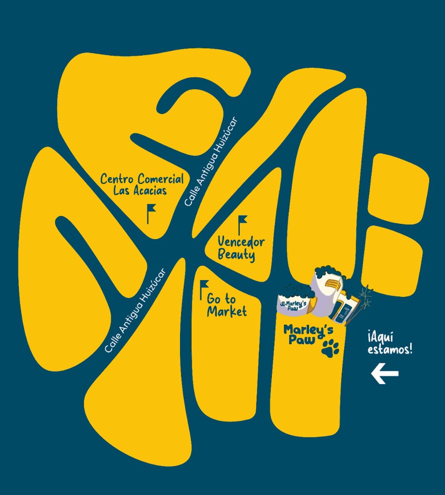 Mapa ilustrado de cómo llegar a Marley's Paw, frente al Centro Comercial Las Acacias