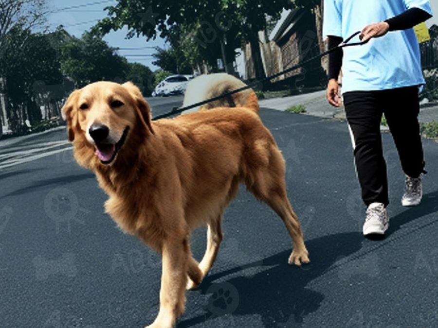 Paseador de Marley's Paw caminando con un golden retriever por la calle